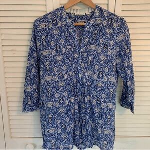 Roller Rabbit Blue White Cotton Tunic Top Small Lightweight Boho Blouse Beach